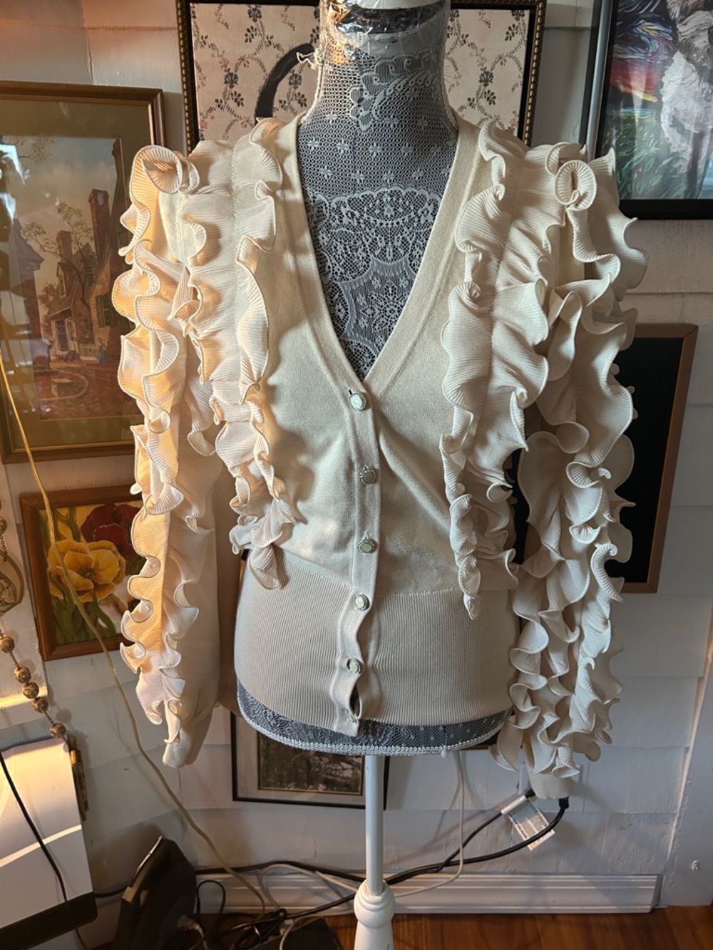 Anne Fontaine Cream Ruffle-Trim V-Neck Button Cardigan